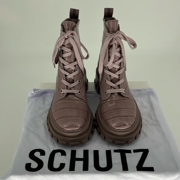 SCHUTZ NWT ORLY CROC PRINTED LUG SOLE COMBAT BOOTS SWEET LILAC 5.5 - Picture 5 of 14